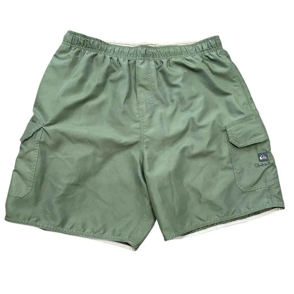 Quiksilver Men’s Waterman Green Swim Trunks‎ Size XL Cargo Pockets Y2K